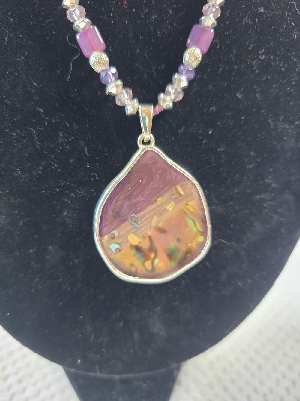 Vintage handcrafted amethyst & abalone shell pendant necklace & earrings